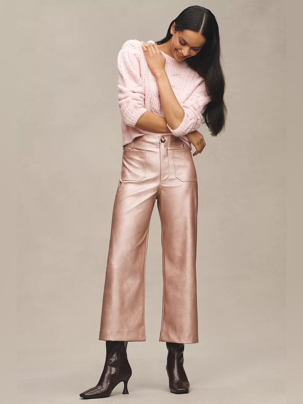 Anthropologie Maeve Colette Cropped Wide-Leg Pants Metallic Faux-Leather Pink 32